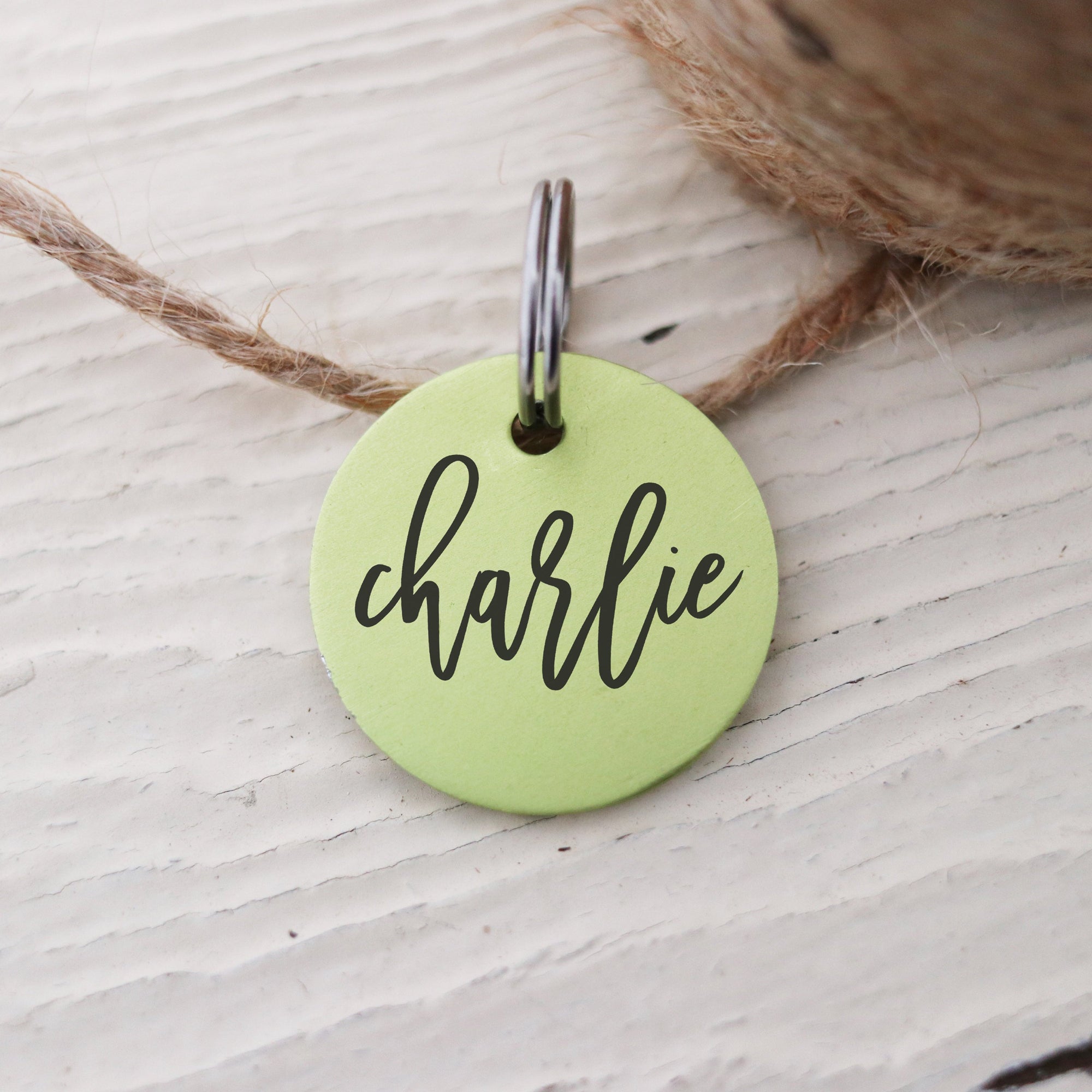 Engraved Lime Green Pet Tag, Round, Anodized Aluminum Pet ID, Cat Charm, Personalized, Modern, Fun Gift,  LPTC10218