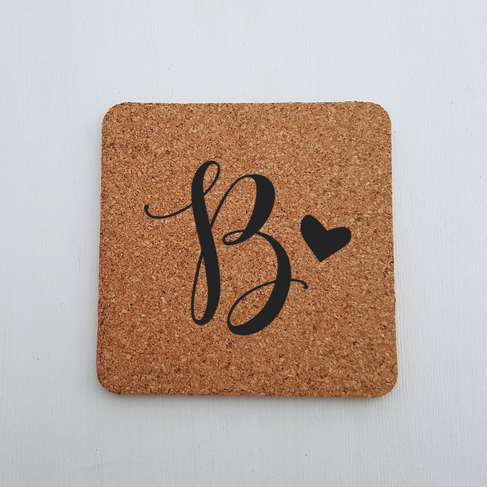 Laser Engraved Custom Cork Coaster, Initial with Cute Heart, Laser-, Personalized Wedding Gift, Housewarming Present, LGC10267