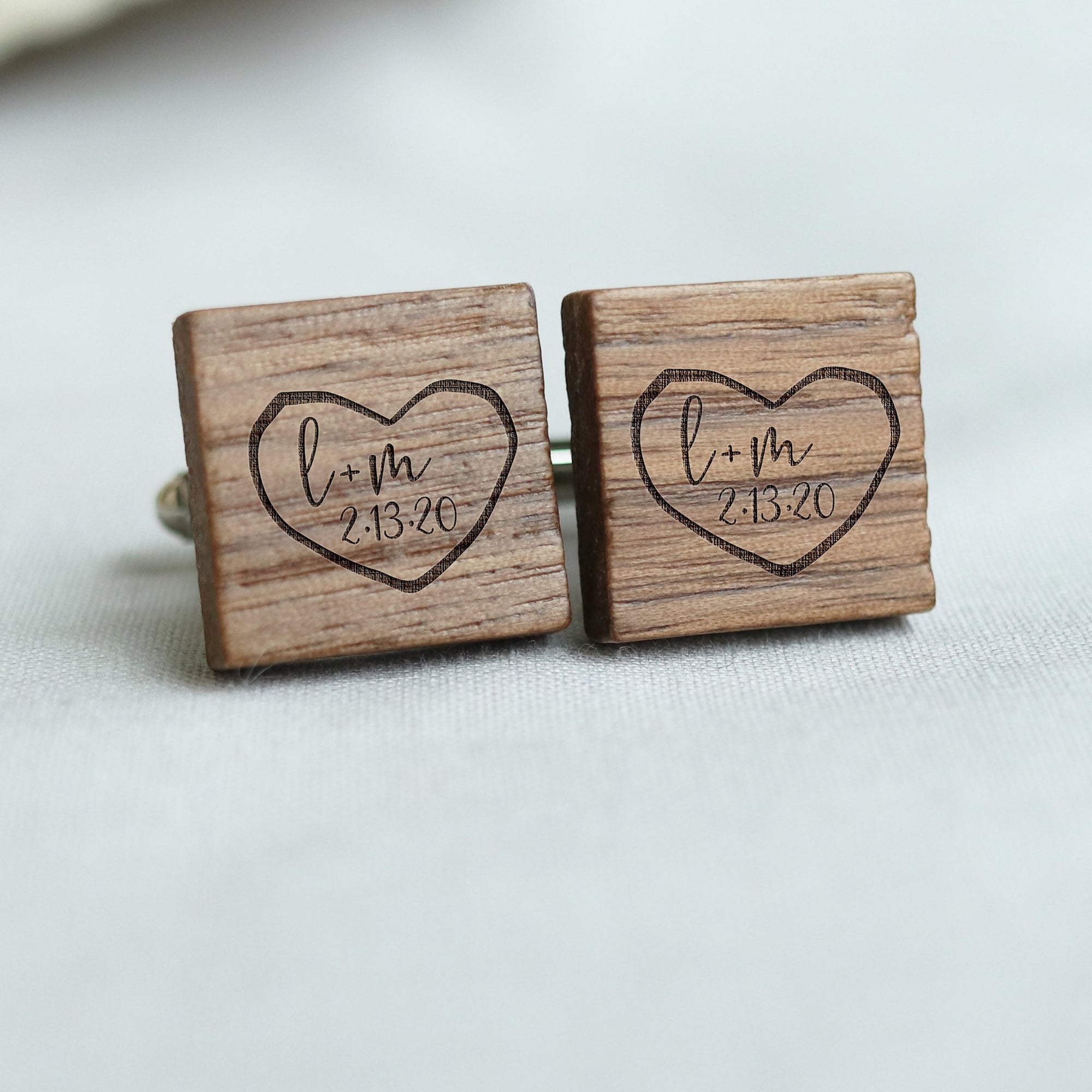 Laser Engraved Personalized Cufflinks, Heart Carving, Wood, Wedding Date, Custom Initials, Cuff links, Gift for Men, for Him, TBC10067