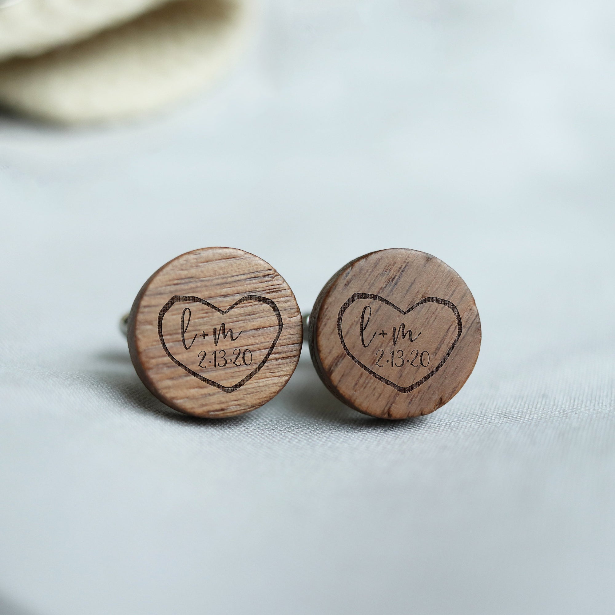 Laser Engraved Personalized Cufflinks, Heart Carving, Wood, Wedding Date, Custom Initials, Cuff links, Gift for Men, for Him, TBC10071