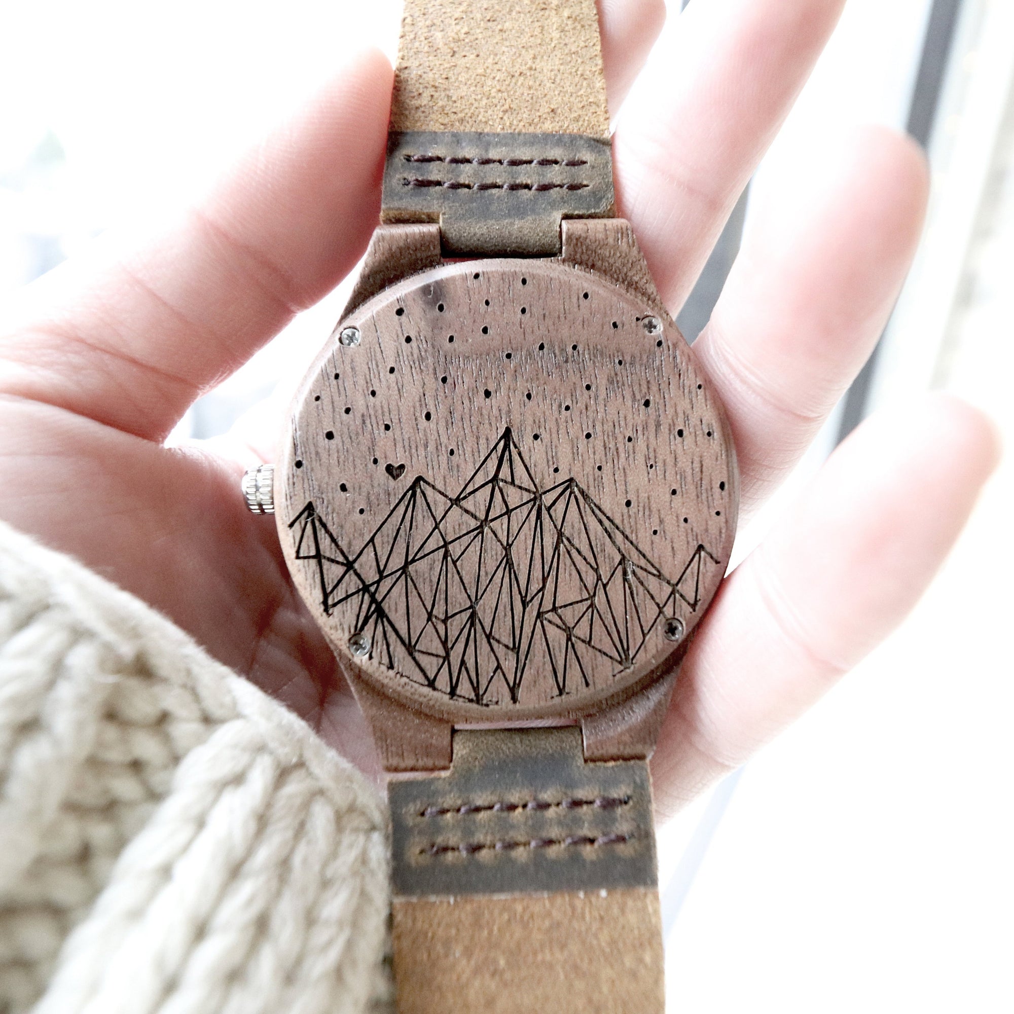 Laser Engraved Personalized Gift, Geometric Mountain, Custom Wooden Watch, Leather and Wood, Gift for Groom, TBC10061