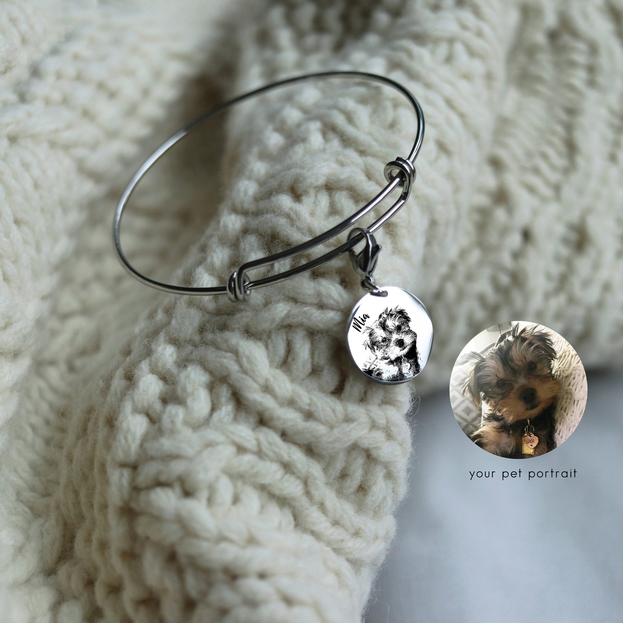 Laser Engraved Pet Portrait, Custom Charm Bracelet, Personalized Pet Gift for Mom, Pet Loss Memorial for Her, LXJC100235